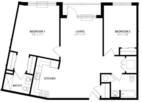 A black and white image of a floor plan for a home with three bedrooms, a living room, a kitchen, and two bathrooms.